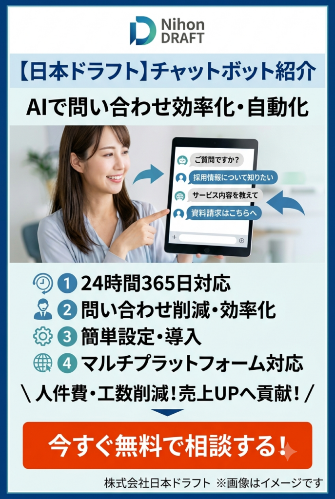 企業向けAIチャットボットサービス。問い合わせ対応の自動化・効率化を実現し、24時間365日対応や工数削減を紹介する画像