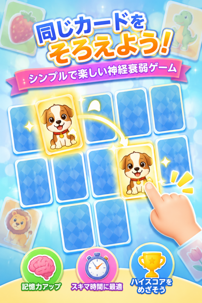 同じカードをそろえるシンプルで楽しい神経衰弱ゲームの紹介画像。犬のカードをタップしてペアをそろえる様子と、記憶力アップ・スキマ時間・ハイスコア挑戦を紹介。